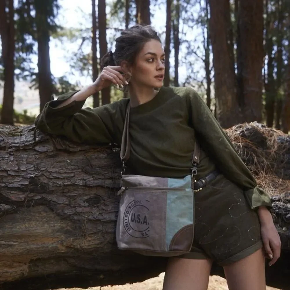 Myra Bag Handmade Dusken Shoulder Bag Upcycled Canvas & Cowhide Leather